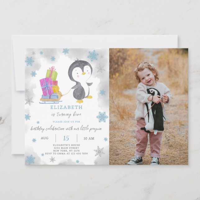 Invitación al cumpleaños penguín de invierno con f (Anverso)