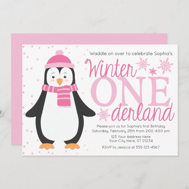 Invitación al cumpleaños penguin de invierno ONEde (Anverso / Reverso)