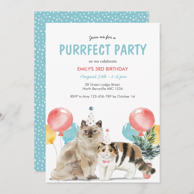 Invitación al cumpleaños perfecto para gatos (Anverso / Reverso)