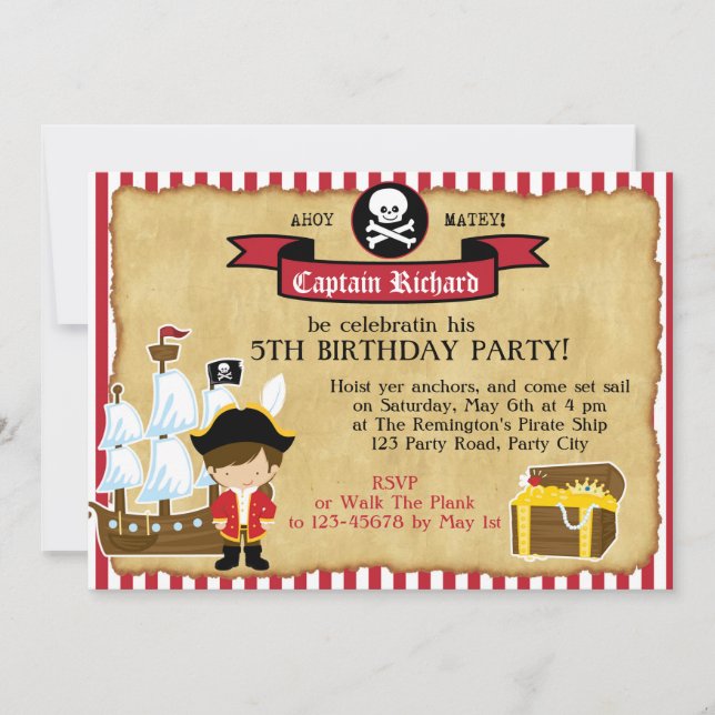 Invitación al cumpleaños pirata (con Barco y Mapa) (Anverso)