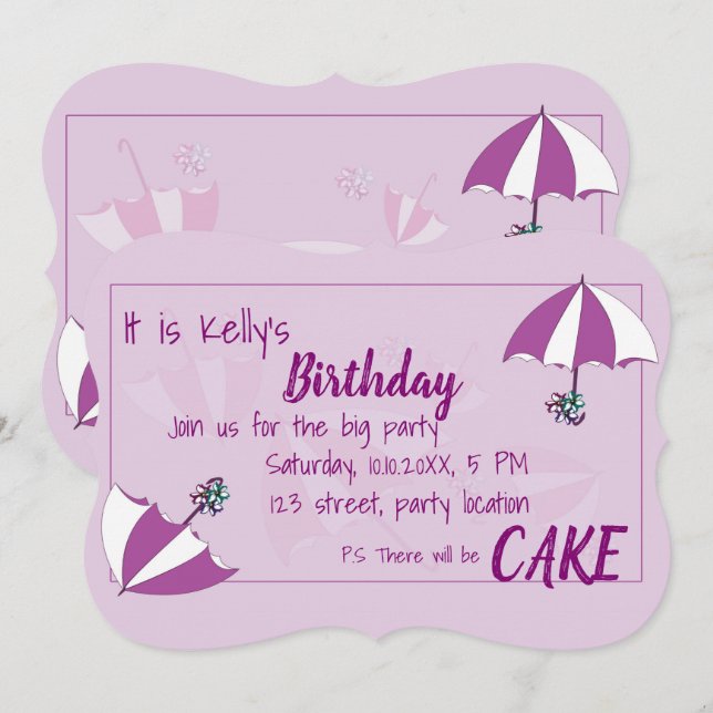 Invitación al cumpleaños púrpura de Umbrellas (Anverso / Reverso)