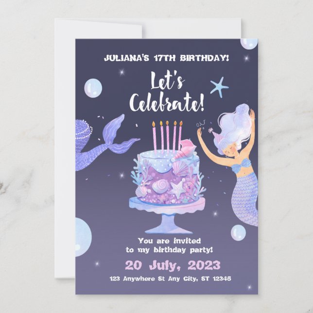 Invitación al cumpleaños púrpura mágico de la sire (Anverso)