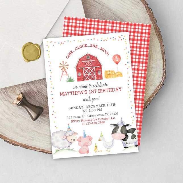 Invitación al cumpleaños rojo de Boy Farm Animals (Subido por el creador)
