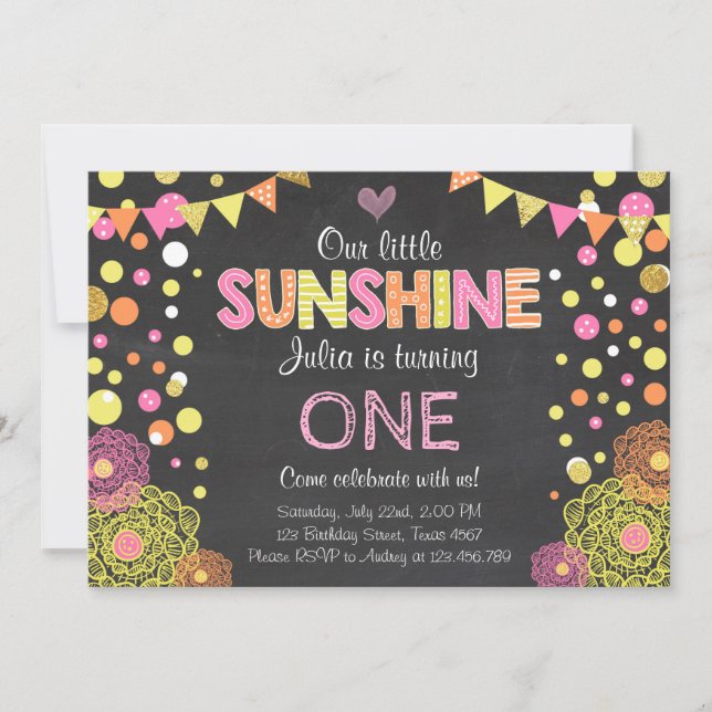 Invitación al cumpleaños rosado de Little Sunshine (Anverso)