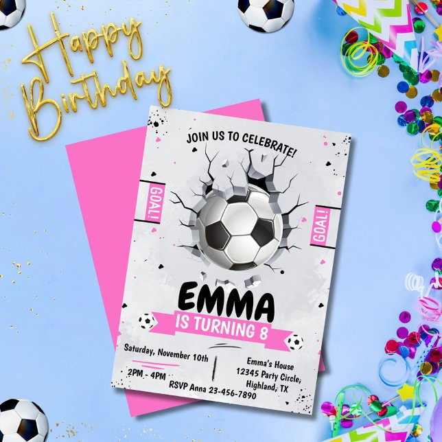 Invitación al cumpleaños rosado del fútbol (soccer girl pink birthday invitations for kids)