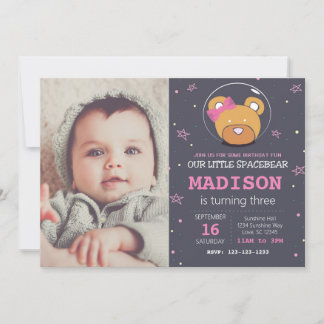 Invitación al cumpleaños rosado del oso espacial c