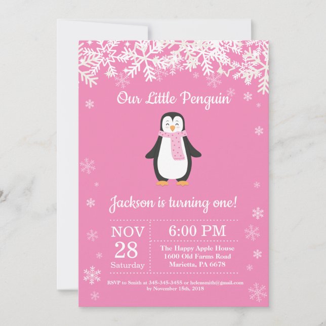 Invitación al cumpleaños rosado del Penguin Winter (Anverso)