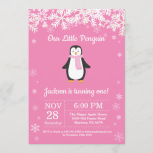 Invitación al cumpleaños rosado del Penguin Winter