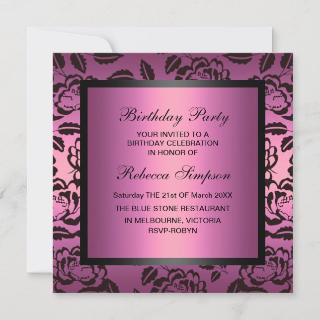 Invitación al cumpleaños rosado y negro Rosa (Anverso)