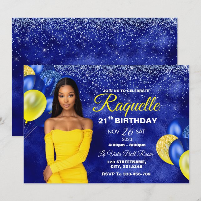 Invitación al cumpleaños Royal Blue y Yellow (Anverso / Reverso)