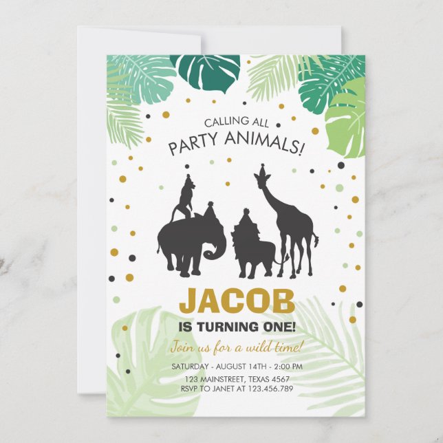 Invitación al cumpleaños Safari Zoológico animales (Anverso)