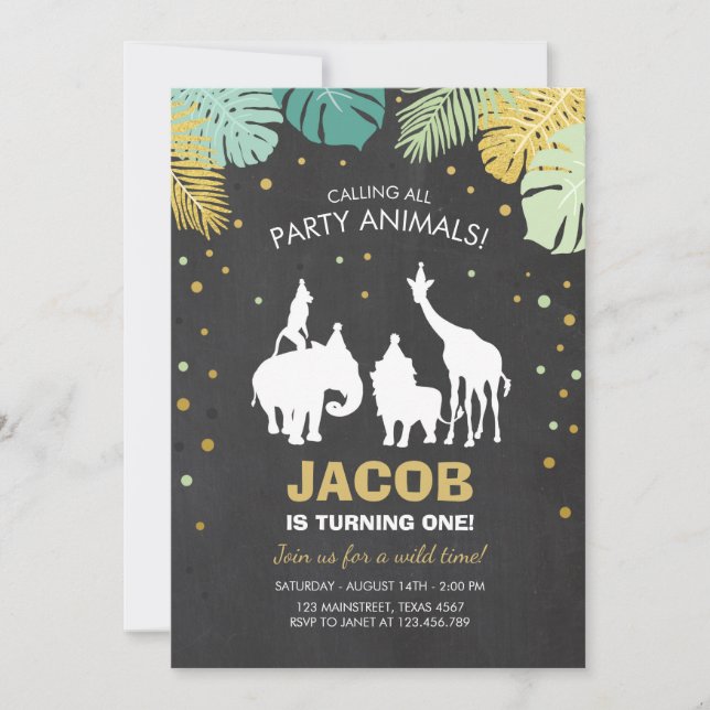 Invitación al cumpleaños Safari Zoológico animales (Anverso)