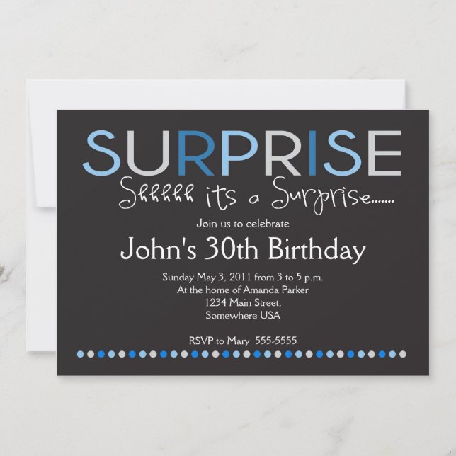 Invitación al cumpleaños sorpresa azul (Anverso)