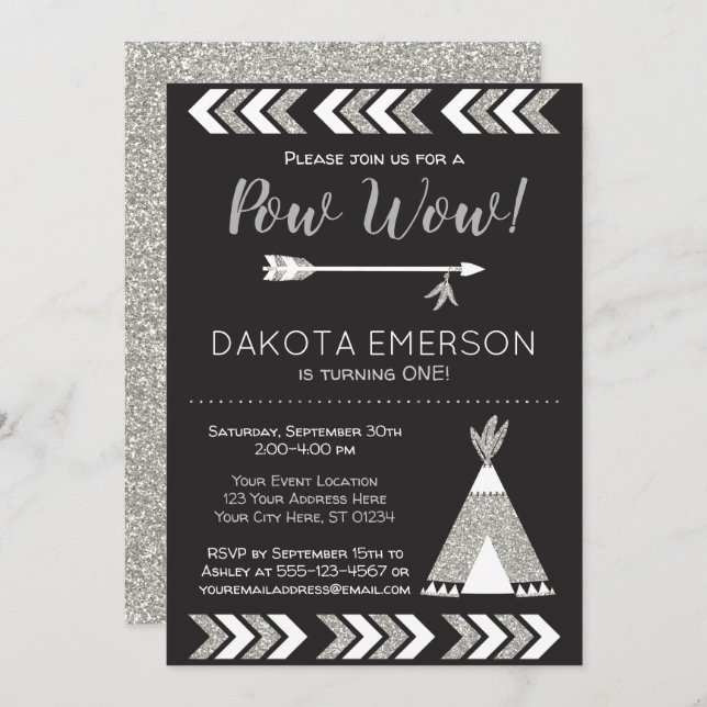 Invitación al cumpleaños tribal| Black, Silver Pow (Anverso / Reverso)