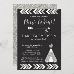 Invitación al cumpleaños tribal  Black, Silver Pow