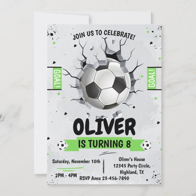 Invitación al cumpleaños verde del niño de fútbol (Anverso)