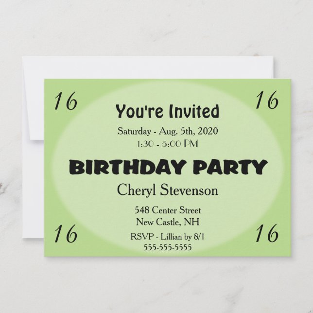 Invitación al cumpleaños verde moderno (Anverso)