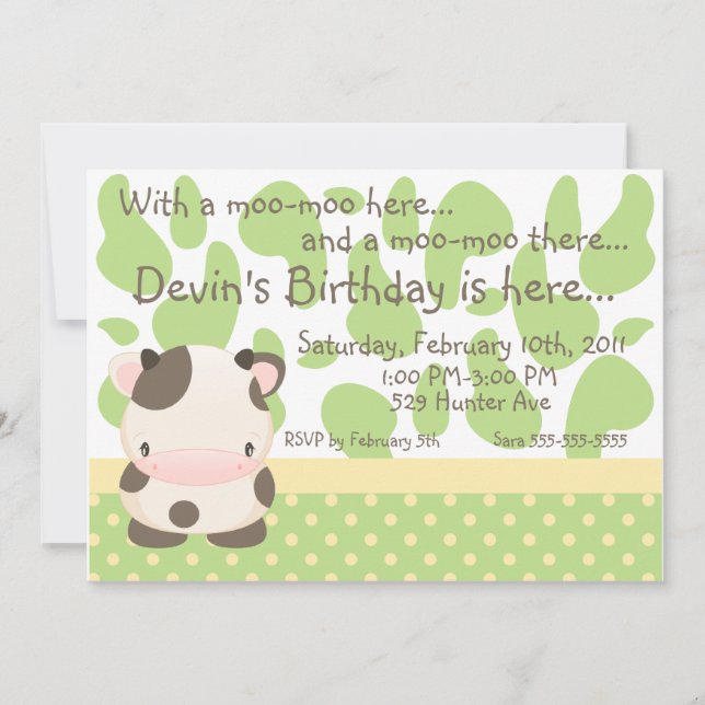 Invitación al cumpleaños verde Moo-Cow de la granj (Anverso)