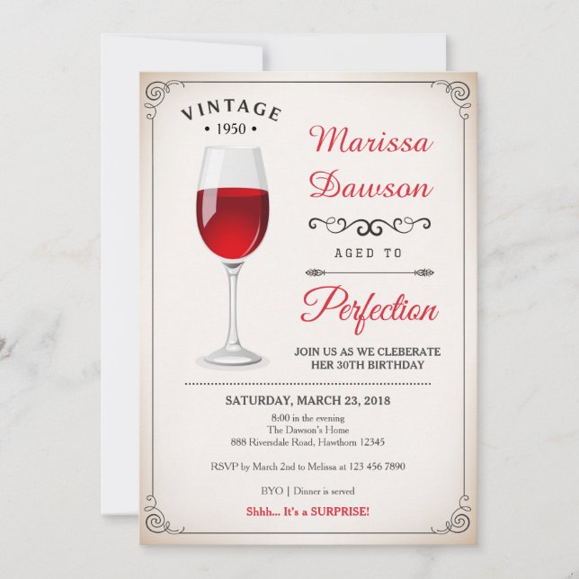 Invitación al cumpleaños/vino para adultos (Anverso)