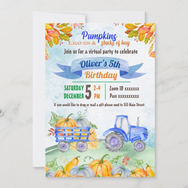 Invitación al cumpleaños virtual del tractor de ca (Anverso)