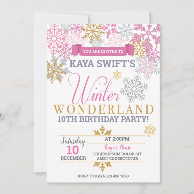 Invitación al cumpleaños Winter Wonderland Pink &  (Anverso)