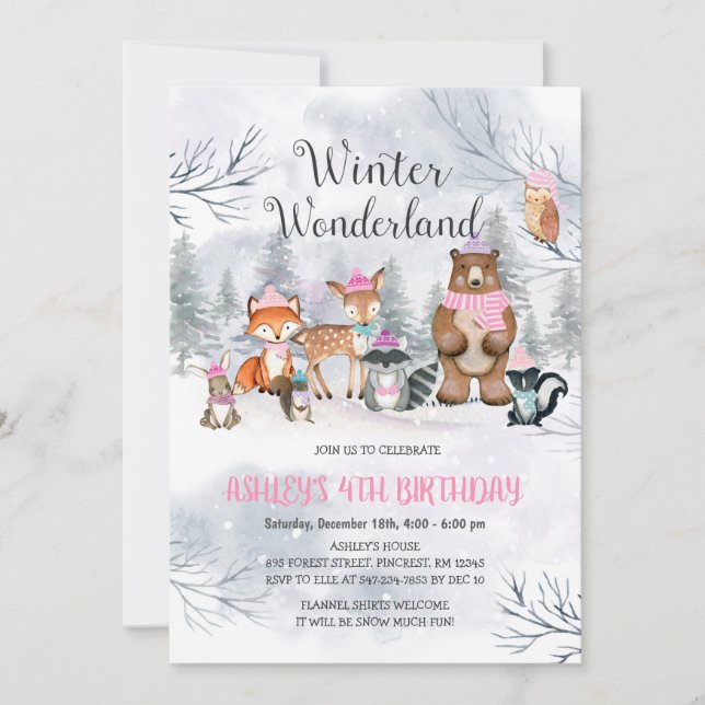 Invitación al cumpleaños Woodland Winter Wonderlan (Anverso)