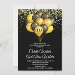 Invitación al décimo aniversario del Boda de Gold<br><div class="desc">Un elegante oro festivo en invitación al décimo aniversario de boda negro con globos dorados y negros y confeti con tipografía de escritura blanca contrastada con sans clásicos tipo serif. Esta invitación tiene un toque festivo con un contraste audaz y un estilo moderno. personalizar para cualquier año de aniversario.</div>