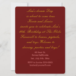 Invitación al decimosexto cumpleaños.