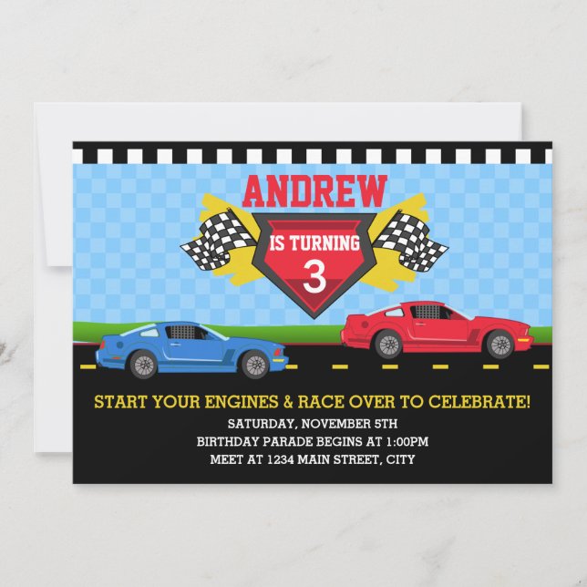 Invitación al desfile de cumpleaños de Race Car (Anverso)