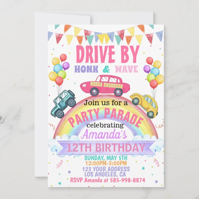 invitación al desfile de cumpleaños en Rainbow Dri (Anverso)
