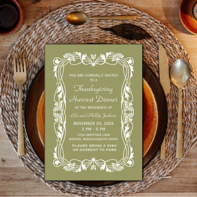 Invitación al Día de Acción de Gracias de la Front (Green Elegant Border Thanksgiving Invite)