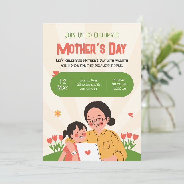 Invitación al Día de la Madre con un rojo verde il (Anverso de pie)