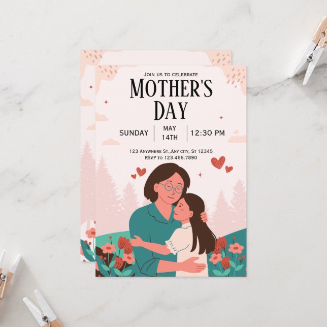 Invitación al Día de la Madre Floral Pastel Rosa (Anverso/Reverso In Situ)