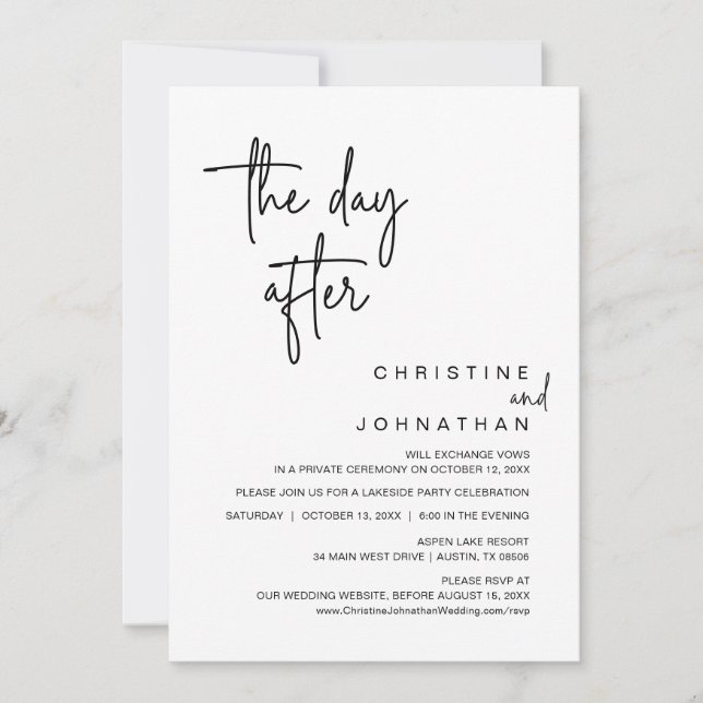 Invitación Al día siguiente, Boda Elopement Dinner Fiesta (Anverso)