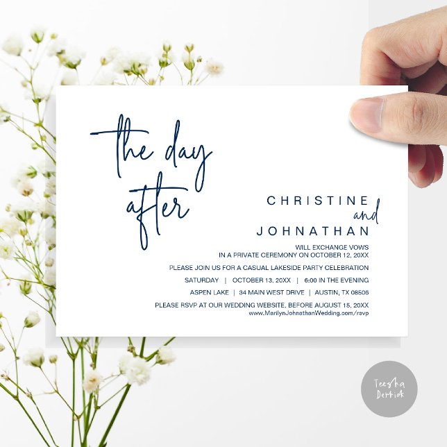 Invitación Al día siguiente, el Fiesta de Elopement Boda, la  (The Day After, Modern Post Wedding Party Invitation Card, PDF, in Navy blue)