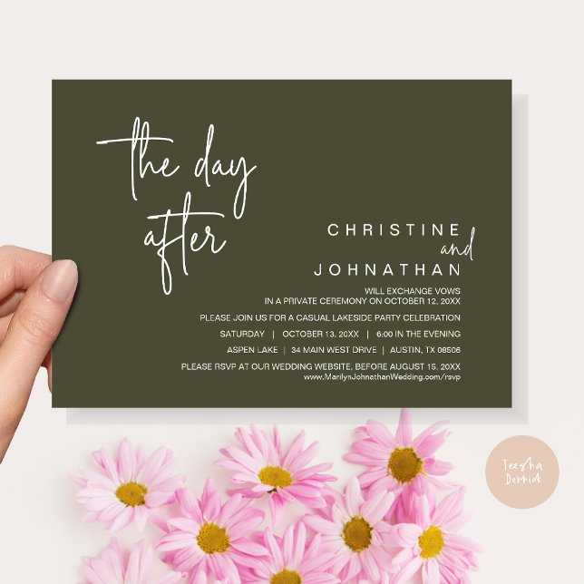 Invitación Al día siguiente, Fiesta de Elopement post Boda, O (The Day After, Modern Post Wedding Party Invitation Card, PDF, in Olive green)