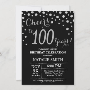 Invitación al diamante de 100 cumpleaños en negro 