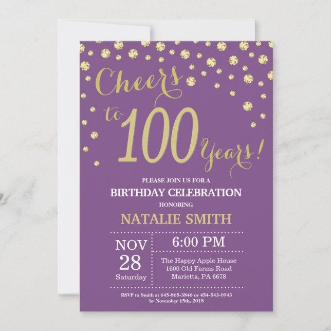 Invitación al diamante de 100 cumpleaños púrpura y (Anverso)