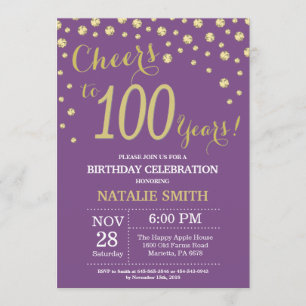 Invitación al diamante de 100 cumpleaños púrpura y