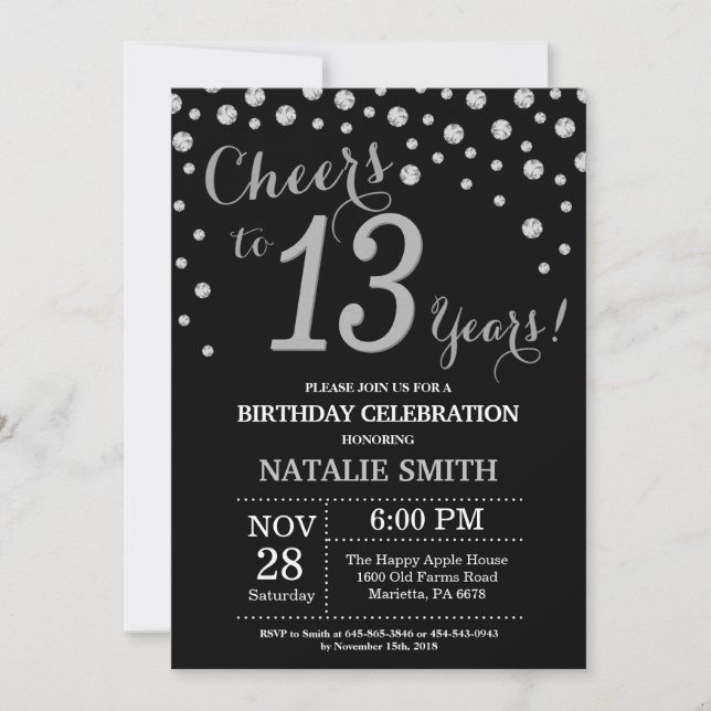 Invitación al diamante de 13 cumpleaños negro y pl (Anverso)