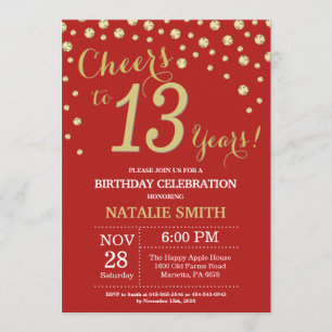 Invitación al diamante de 13 cumpleaños, rojo y or