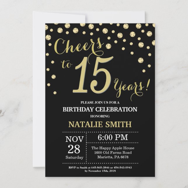 Invitación al diamante de 15 cumpleaños en negro y (Anverso)