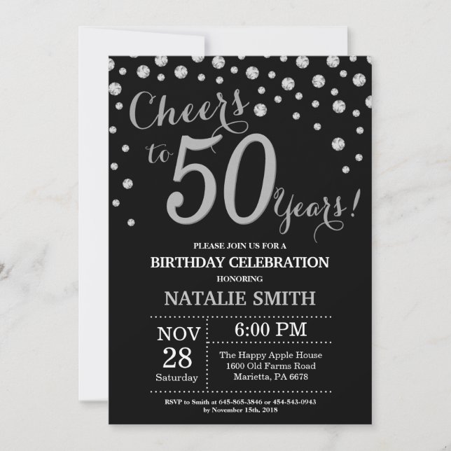 Invitación al diamante de 50 cumpleaños en negro y (Anverso)