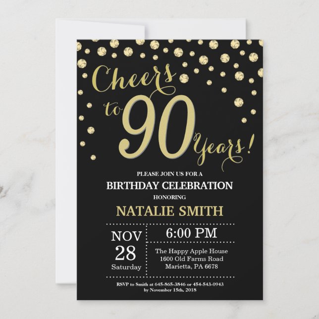 Invitación al diamante de 90 cumpleaños en negro y (Anverso)
