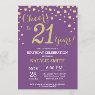Invitación al diamante morado y dorado 21 cumpleañ