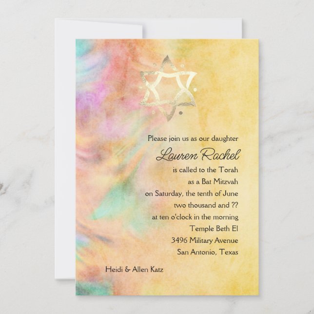 Invitación al diseño de tintes amarillos Bat Mitzv (Anverso)
