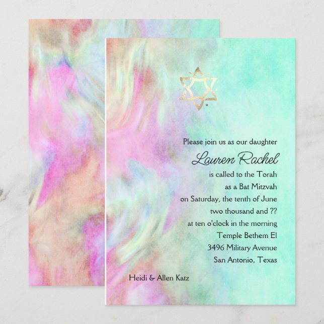 Invitación al diseño de tintes de Bat Mitzvah Aqua (Anverso / Reverso)