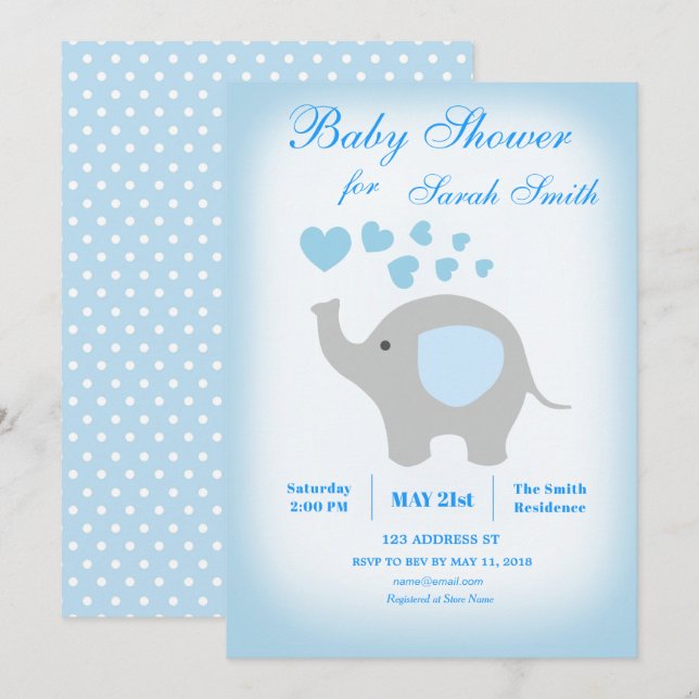 Invitación al elefante azul de Baby Shower Boy (Anverso / Reverso)