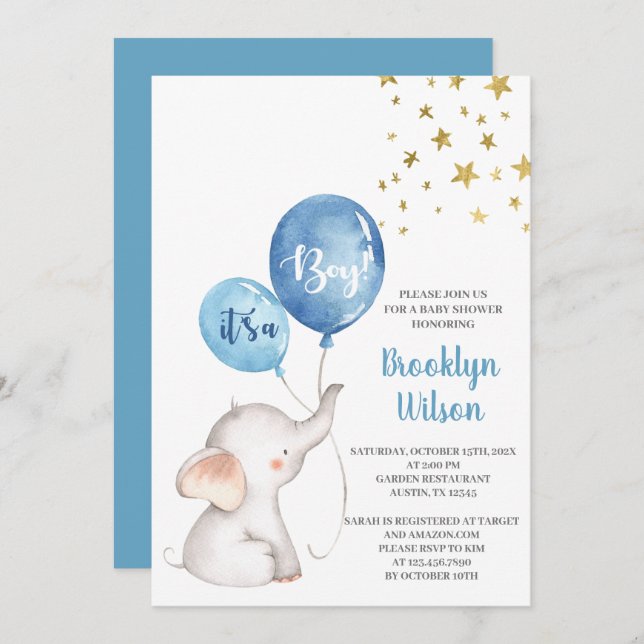 Invitación al elefante Baby Shower Boy (Anverso / Reverso)