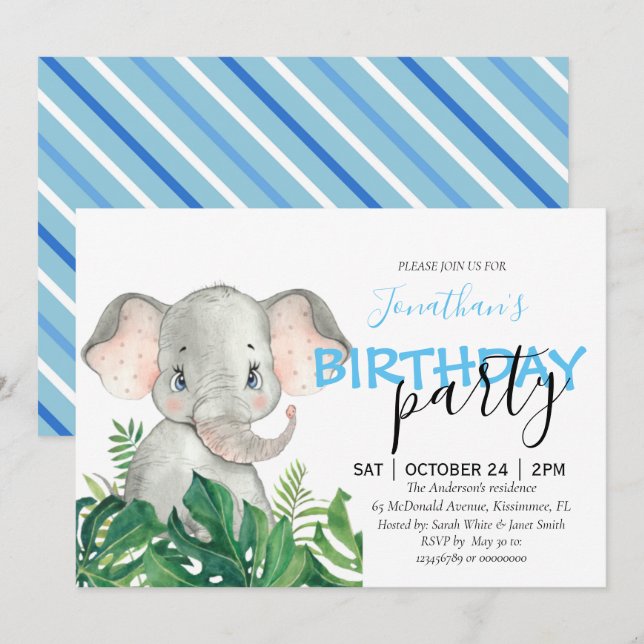 Invitación al elefante Baby Shower Boy (Anverso / Reverso)